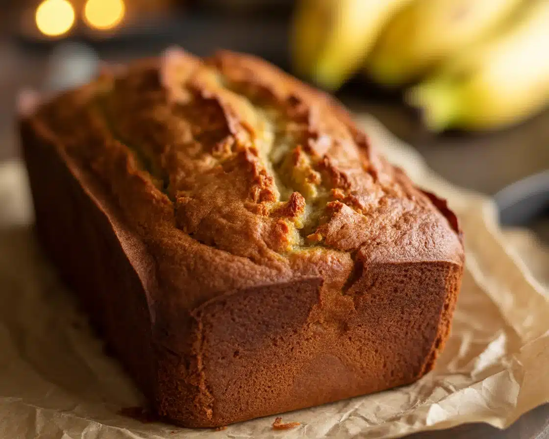 a close-up shot of a Paleo Gluten-Free Banana Bread in rustic wood