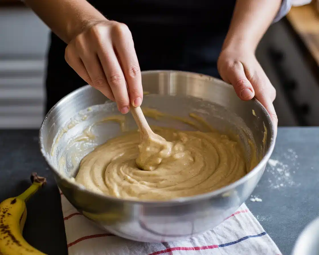 A hands mixing the ingredients of Paleo Gluten-Free Banana Bread recipe