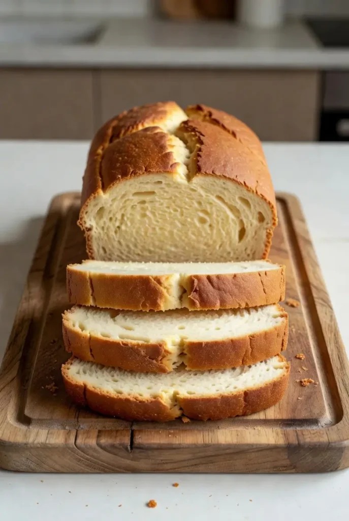 Flourless cottage cheese bread sliced on wooden board, updated recipe February 2026