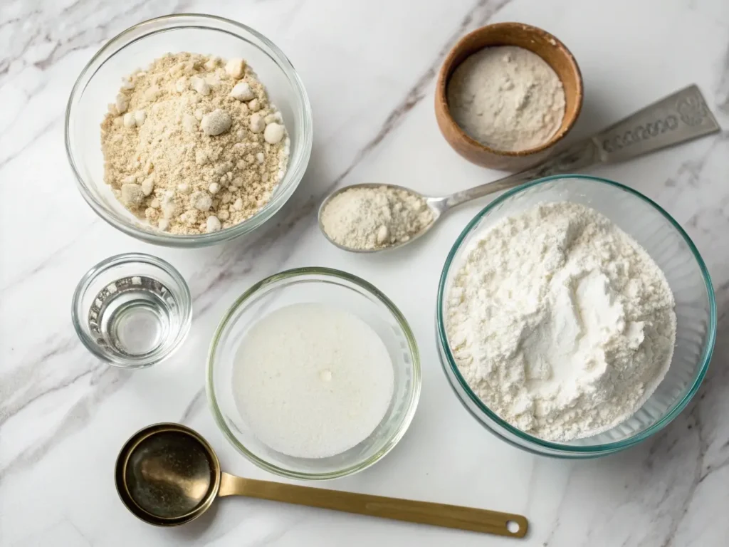 Gluten-free binding agents including xanthan gum and psyllium husk with measuring tools for creating proper protein networks in dairy-free bread