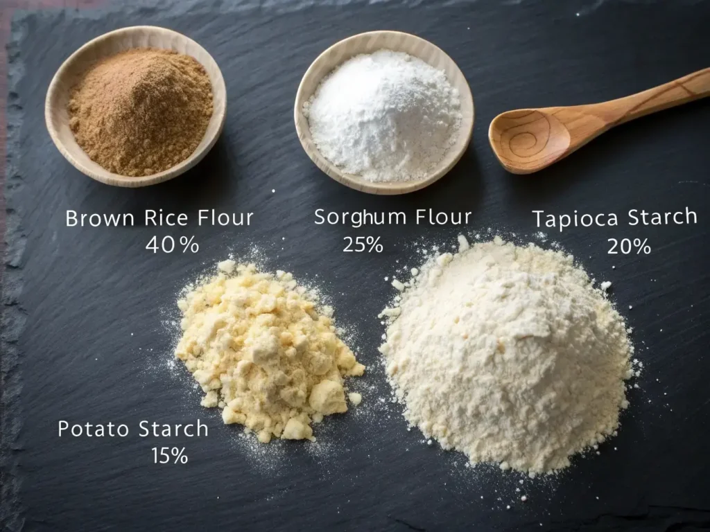 Optimal gluten-free flour blend showing brown rice flour, sorghum flour, tapioca starch and potato starch in scientifically tested ratios for perfect bread structure