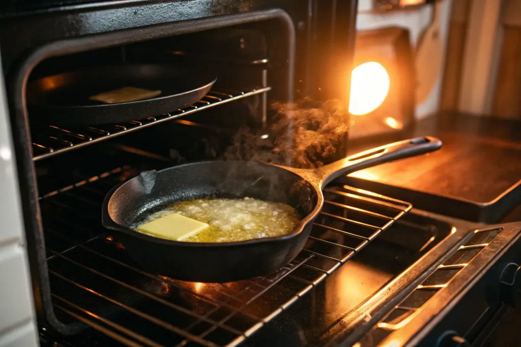 Empty preheated cast iron skillet with melted oil in warm oven ready for cornbread batter