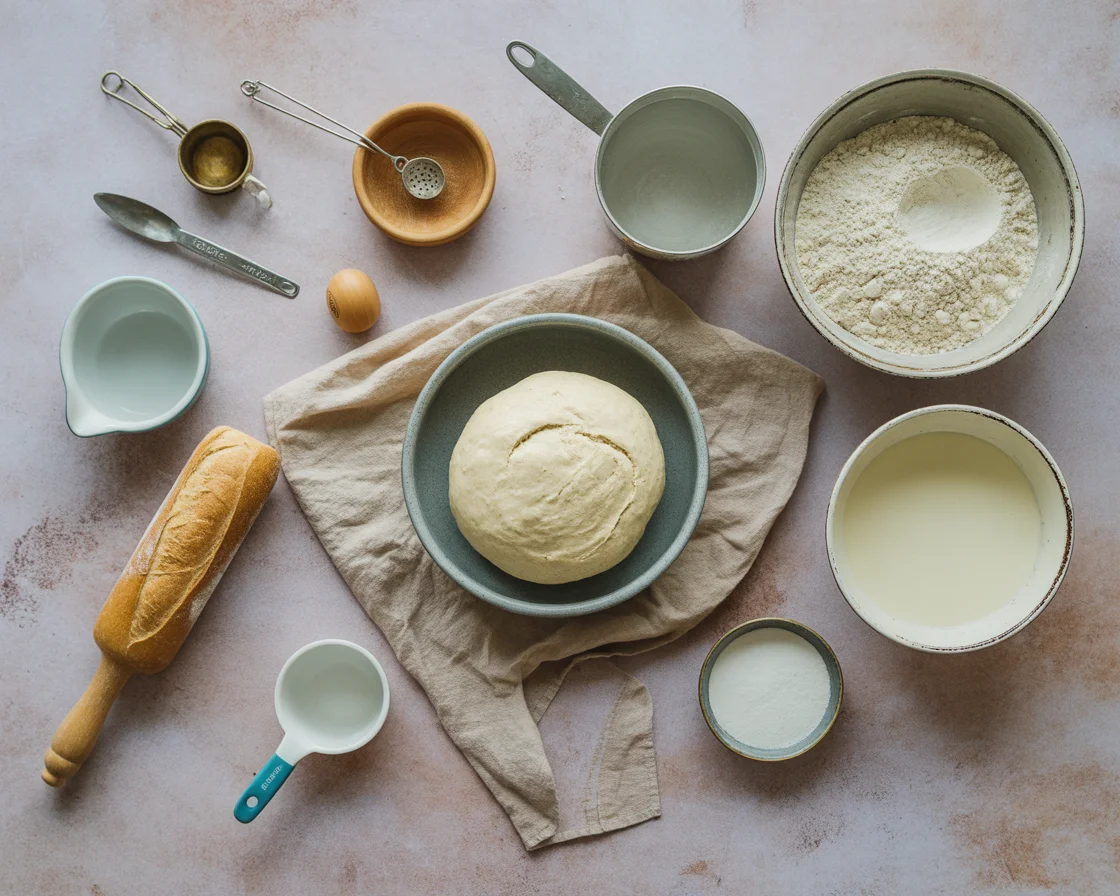 Mixing bowls, gluten free flour, dough, and pink salt ingredients ready for sourdough bread making, gluten-free recipe preparation scene.