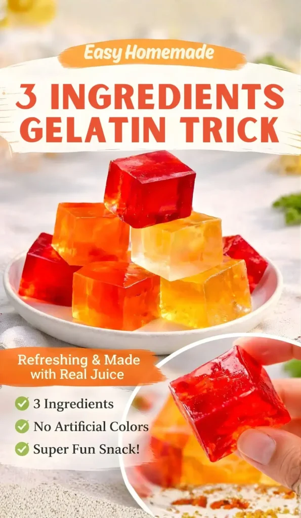 a Pinterest style image shows What are the 3 Ingredients in the Gelatin Trick recipe with a white plate topped with 3 ingredients gelatin cubes.