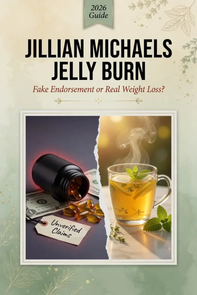 Jillian Michaels Jelly Burn 2026 guide — fake endorsement or real weight loss — showing unverified supplement capsules spilled on dollar bills versus a safe steaming homemade gelatin drink alternative